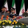 Military parade in Tehran: President Ahmadinejad (l.) among his generals and revolutionary guards