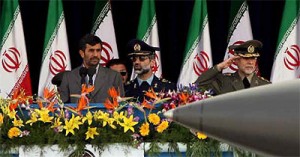 Military parade in Tehran: President Ahmadinejad (l.) among his generals and revolutionary guards